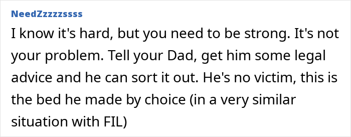 Screenshot of an online comment discussing strength, legal advice, and personal responsibility in a difficult relationship situation.