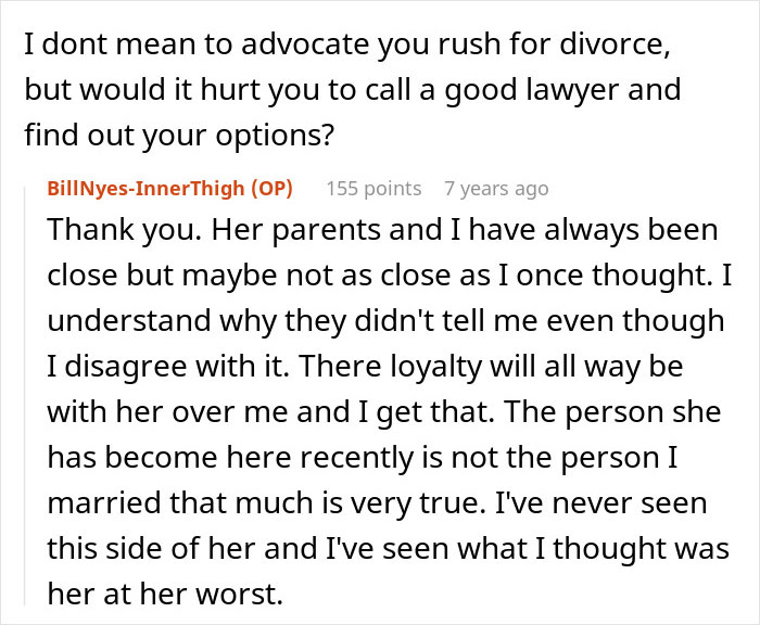 Screenshot of an online discussion about a husband feeling sick after realizing who their son is named after, highlighting relationship struggles. - 59