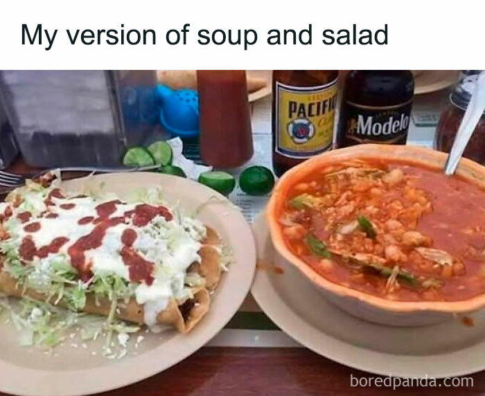 Hispanic meme showing traditional Mexican soup and salad with beer and lime on a table reflecting cultural humor.