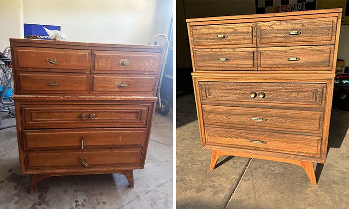 Before and after image of furniture flipping showing a restored wooden dresser with polished finish and updated hardware.