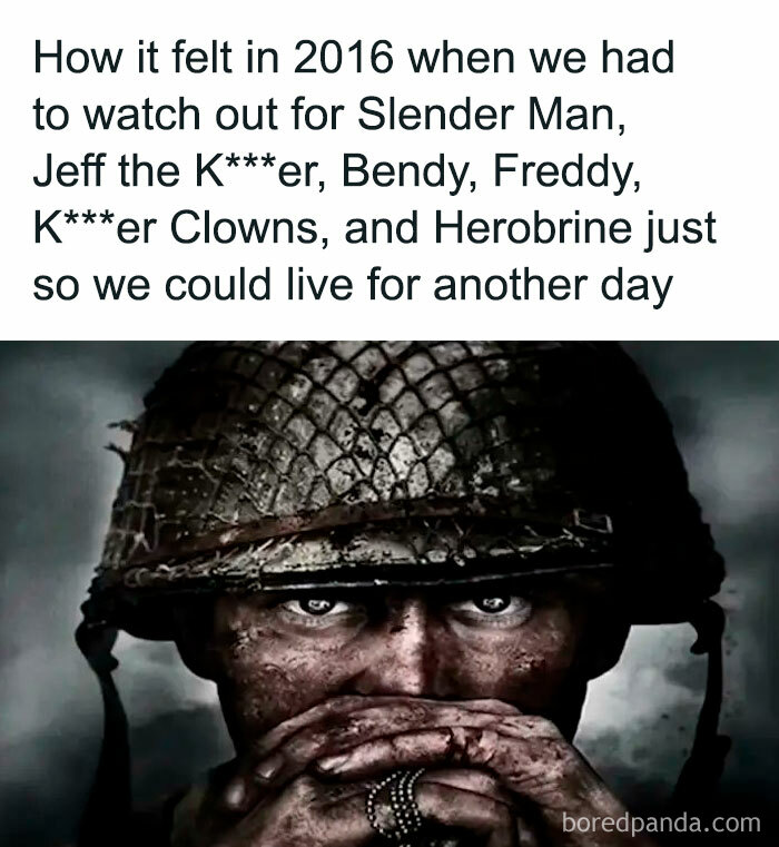 Soldier in helmet with intense gaze and hands clasped, reflecting on 2016 fears in a nerdy and weird memes context.