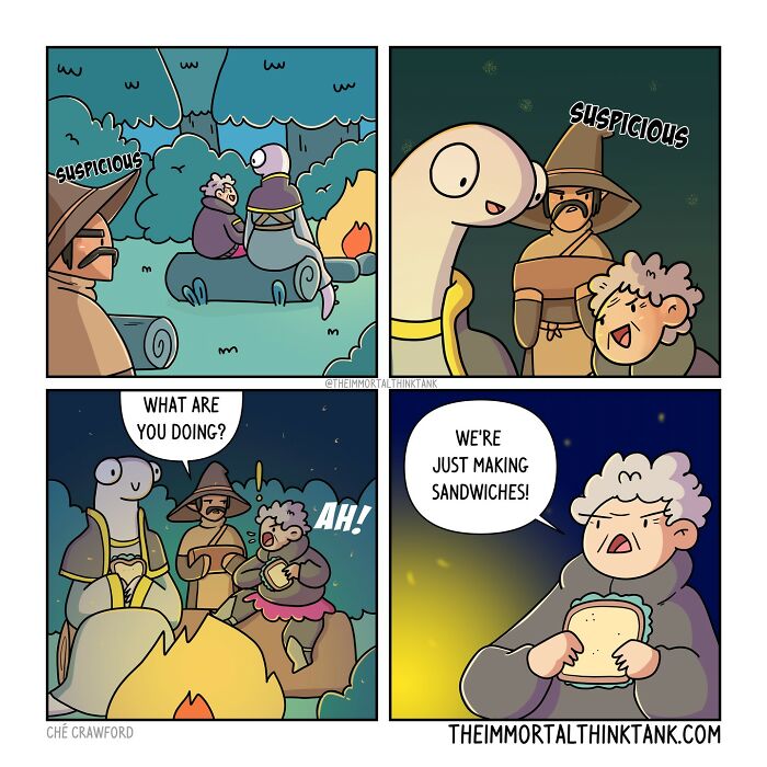 D&D characters acting suspicious around a campfire in a comic blending D&D shenanigans and real-world humor.