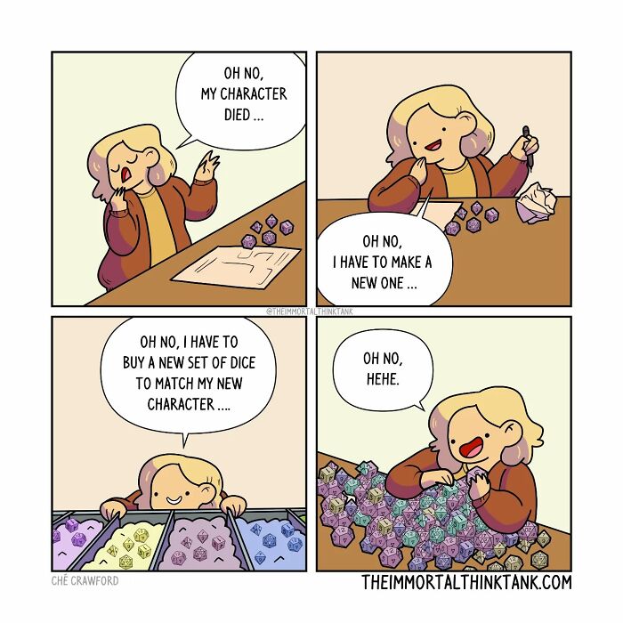 Comic showing D&D shenanigans with a player reacting humorously to character death and buying new dice.