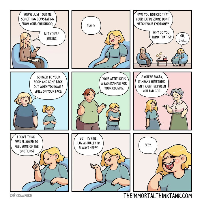 Comic strip illustrating D&D shenanigans blending with real-world humor about emotions and expressions in therapy.