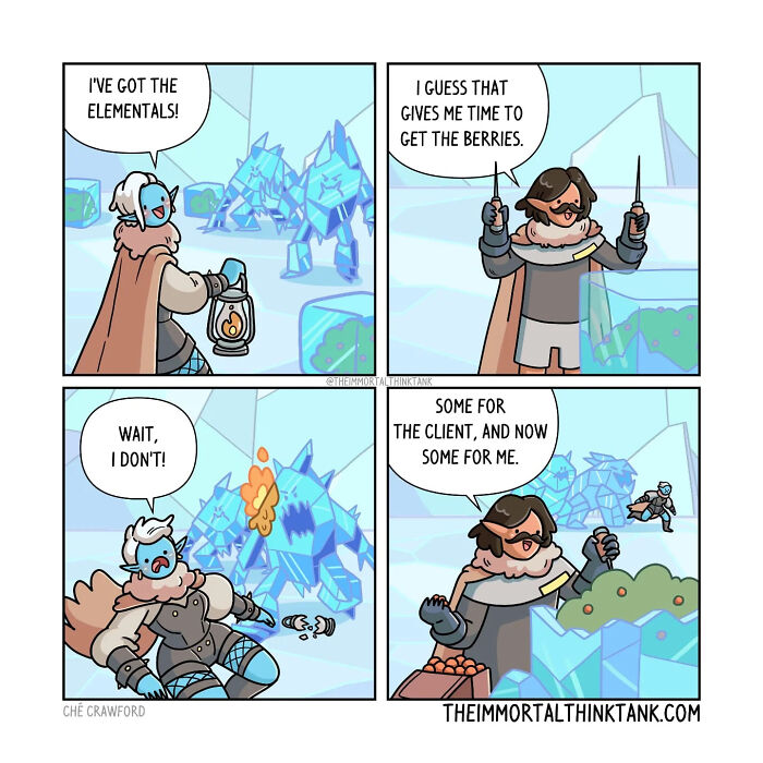 D&D shenanigans comic showing adventurers battling elementals and gathering berries with real-world humor.