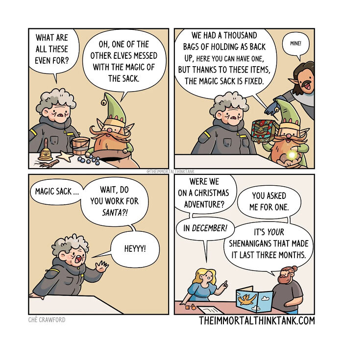 Comic strip showing D&D characters humorously discussing magic sacks and Christmas adventures with real-world references.