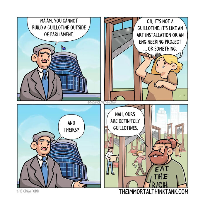 Comic strip showing humorous D&D shenanigans about building guillotines outside parliament with real-world humor.