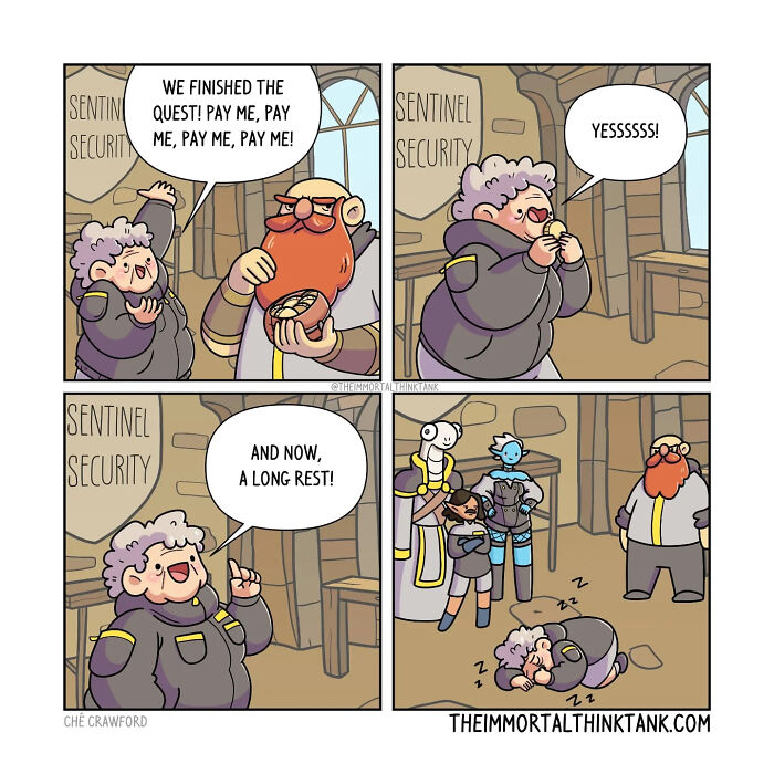 D&D shenanigans comic featuring adventurers celebrating quest completion and taking a long rest with humor.