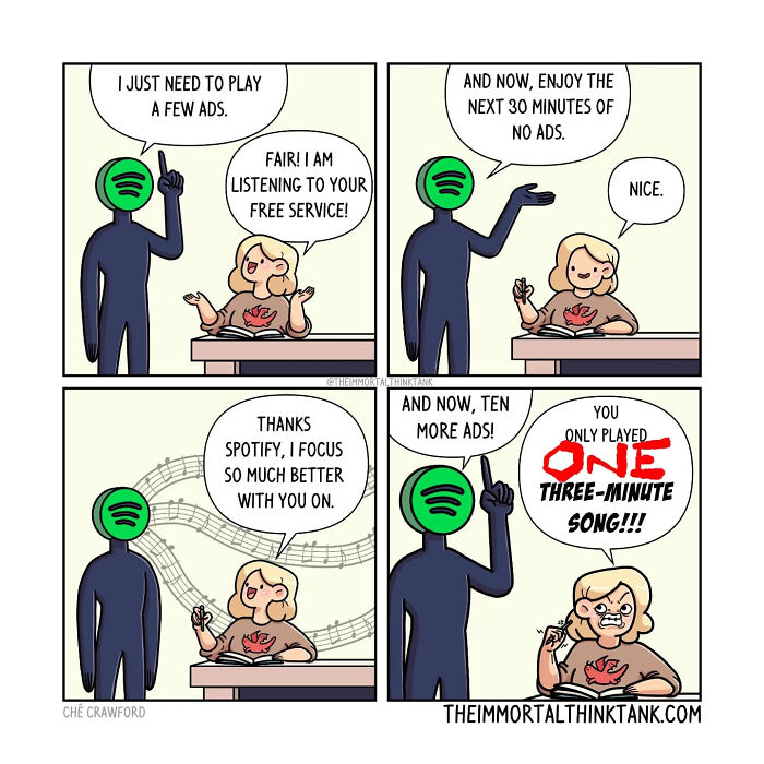 Comic illustrating D&D shenanigans and real-world humor with Spotify ads interrupting a player’s focus during a game.