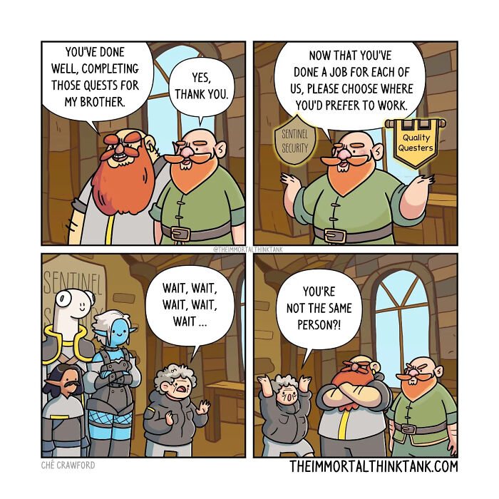 Comic strip showing D&D characters humorously discussing choosing jobs after completing quests in a medieval setting.