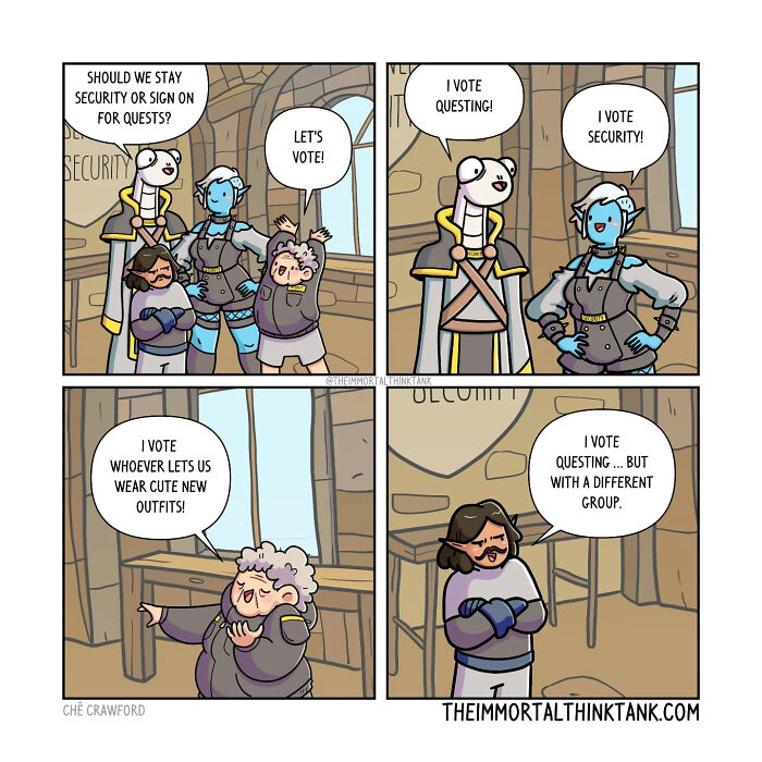 Comic panel showing D&D characters debating between questing, security, and new outfits in a humorous real-world style.