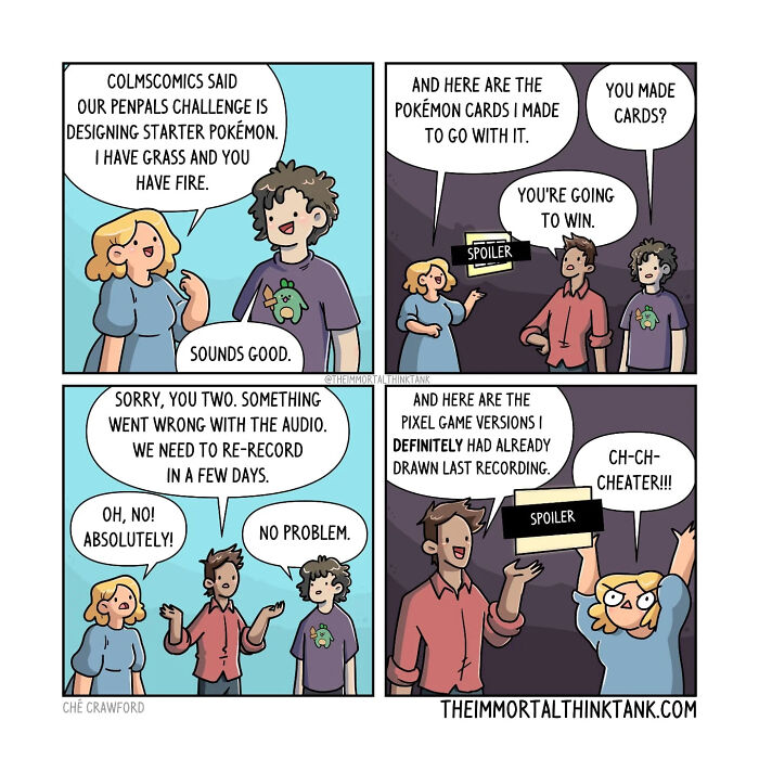 Comic strip showing friends discussing Pokémon cards and pixel game versions with humor blending D&D shenanigans and real-world situations.