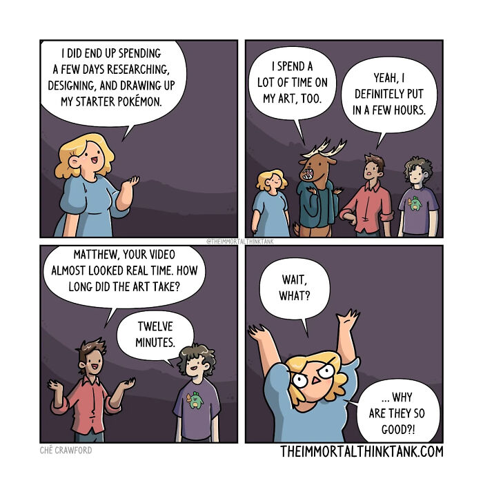 Comic strip showing characters humorously discussing time spent on art, blending D&D shenanigans with real-world humor.