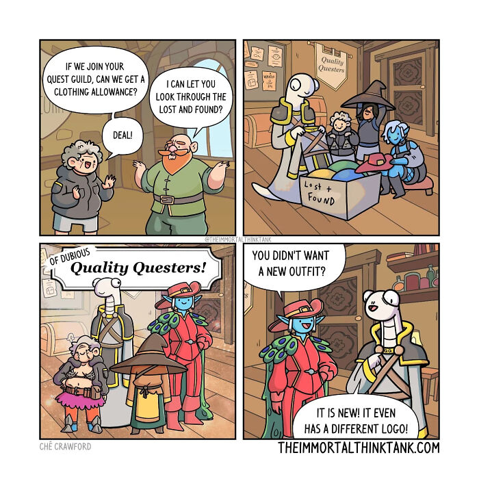 Comic strip showing D&D characters humorously negotiating quest guild clothing and outfit changes in a real-world style.