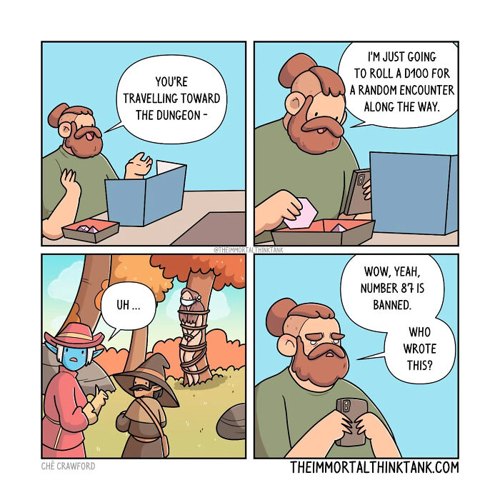 Comic depicting D&D shenanigans with players interacting over a dungeon scenario and a random encounter roll.