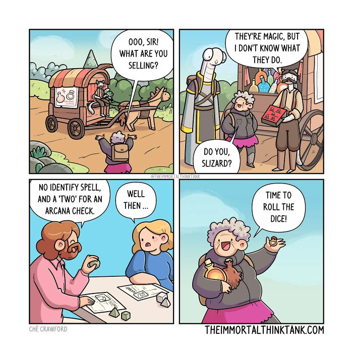 Comic strip showing a D&D scene with characters trading potions, discussing spells, and preparing to roll dice.