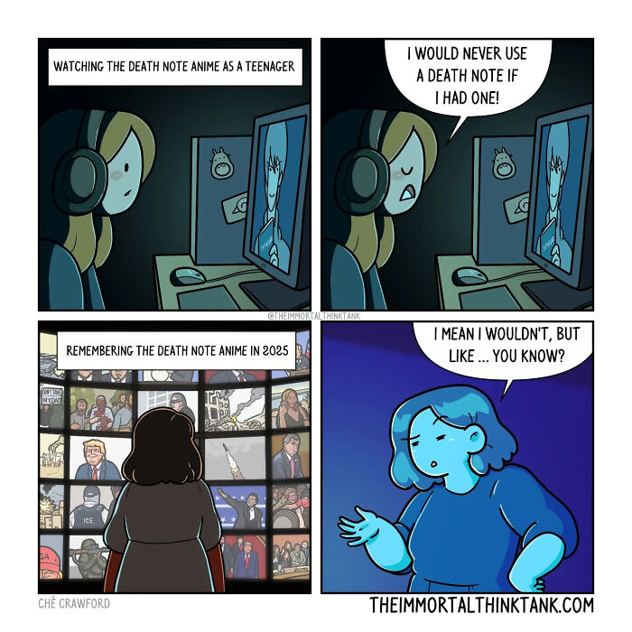 Comic panels showing nostalgia and humor with characters reacting to anime and real-world events, blending D&D shenanigans.