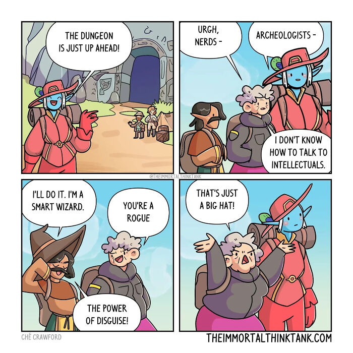 Comic strip showing D&D characters humorously combining role-playing shenanigans with real-world wit and disguises.
