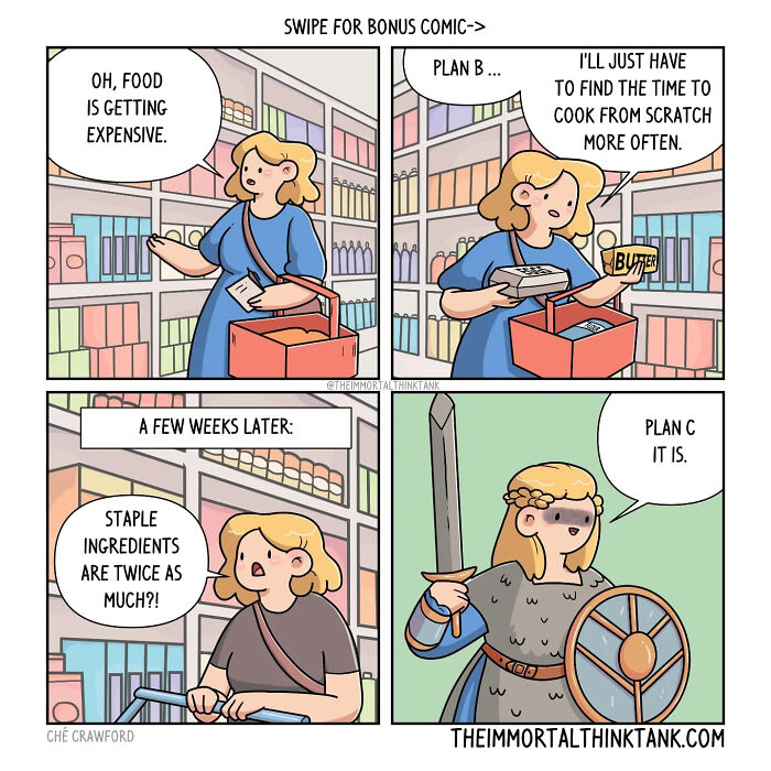 Comic panels showing a woman facing rising food prices, then humorously dressed as a D&D warrior with sword and shield.
