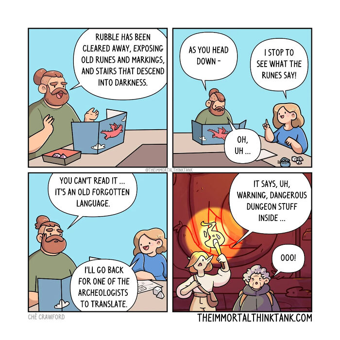D&D shenanigans comic showing adventurers decoding runes with real-world humor in a tabletop game setting.