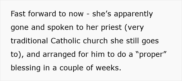 Text excerpt about MIL speaking to priest for a proper blessing, highlighting Christian name and mom's discomfort in the situation.