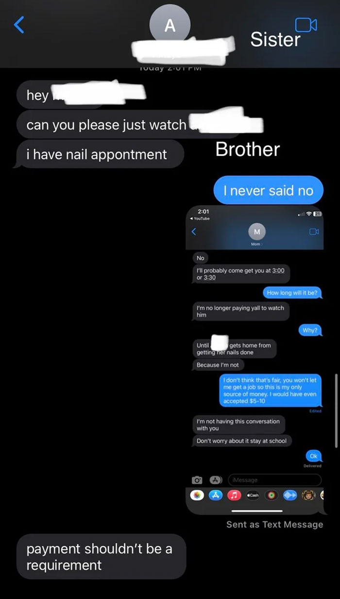 Text message conversation showing teen asking for payment for babysitting due to nail appointment causing mom to refuse payment
