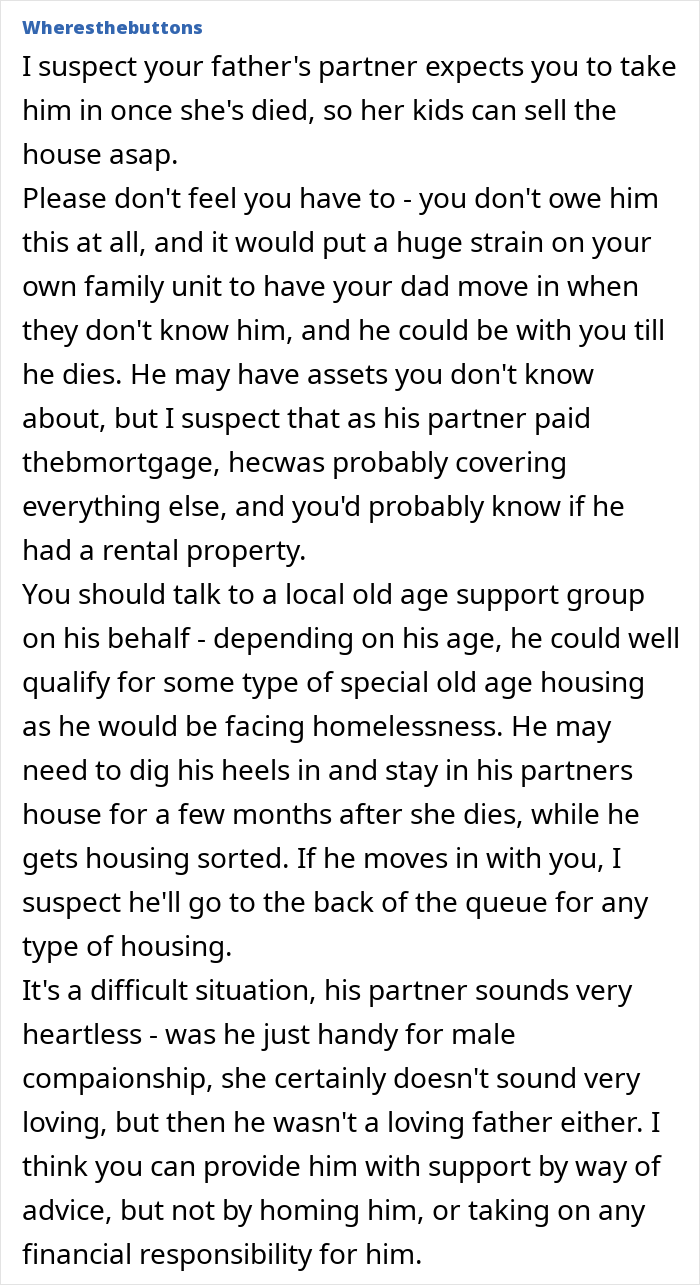 Text excerpt discussing a woman deciding to leave her partner homeless if she dies and the resulting difficult situation.