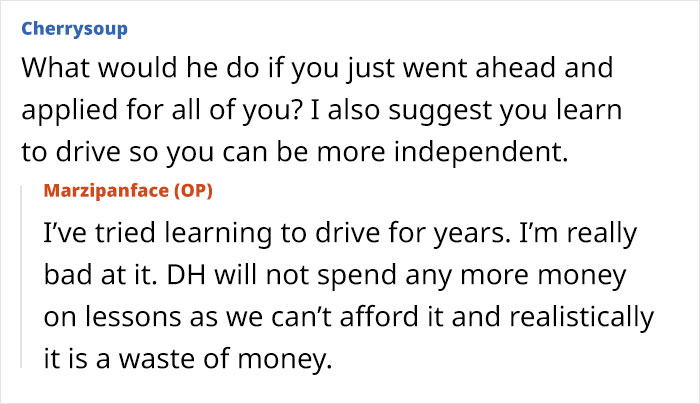 Online conversation about husband saying wife and kids can't have passports due to financial constraints and affordability issues. - 19