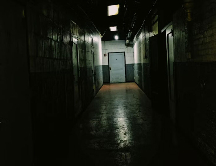 Pasillo oscuro y lúgubre en hospital viejo, evocando sensación de errores terribles y negligencias médicas.