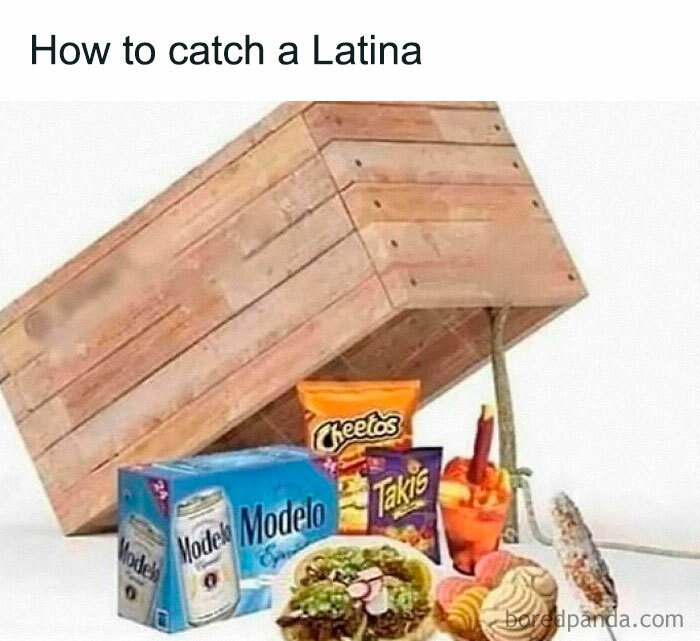 Trap with Modelo beer, chips, tacos, and Mexican snacks illustrating funny memes about being Hispanic culture.