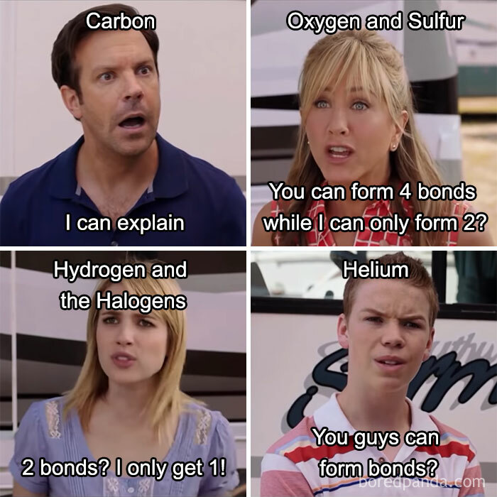 Meme showing people labeled as elements discussing bond formation, illustrating science concepts with humor.