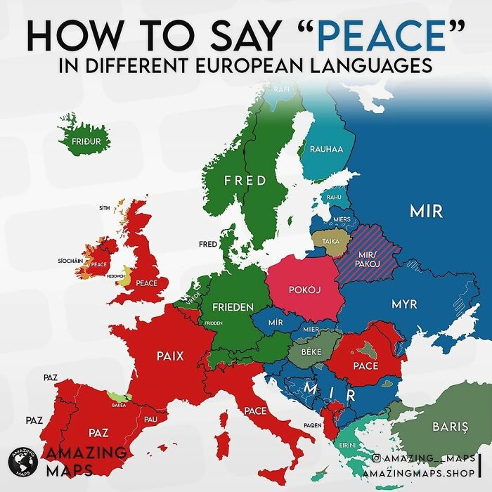 Map showing how to say peace in different European languages with colorful country labels and a data visualization style.