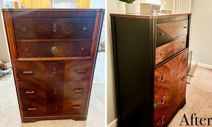 Before and after furniture flipping showing a restored wooden dresser with polished wood and black painted sides.