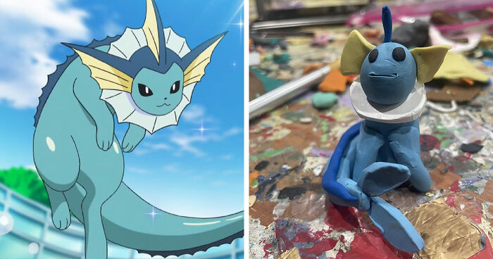 Vaporeon Pokémon character next to a poorly-made favorite Pokemons clay sculpture on a messy art table.