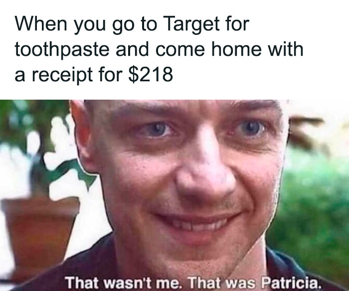 Close-up of a man smirking with text about overspending at Target, a hilarious post from the circle of idiots collection.