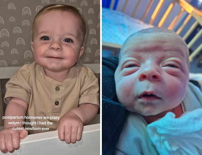 Side-by-side images of two newborns illustrating the impact of postpartum hormones on mothers' perceptions.