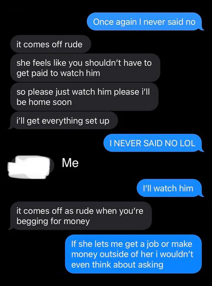 Text message conversation showing a teen asking to be paid for babysitting, highlighting parental conflict and babysitting payment.