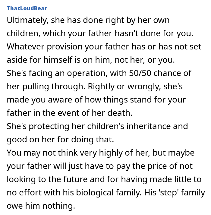 Commenter discussing woman deciding to leave partner homeless, focusing on inheritance and family protection after her death.