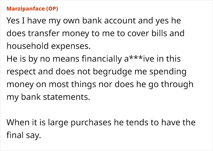 Text discussing a wife’s bank account access and husband's role in large financial decisions amid passport affordability issues. - 20