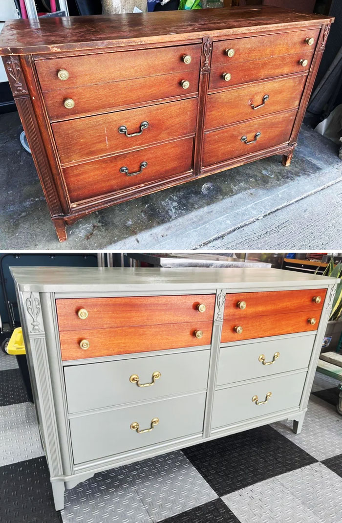 Before and after images of a furniture flipping project showing a refinished vintage wooden dresser with updated hardware.