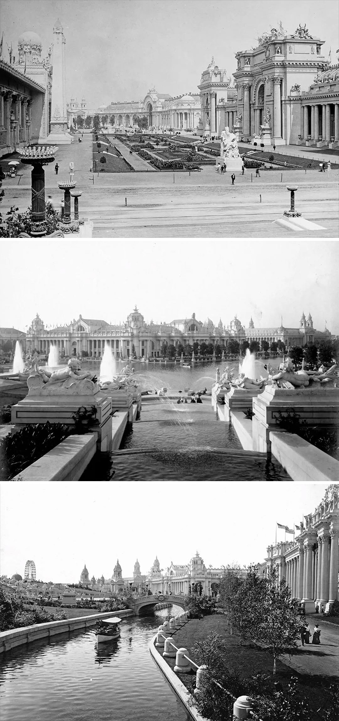 Black and white photos of old architecture featuring grand buildings, fountains, gardens, and a scenic canal with a boat.