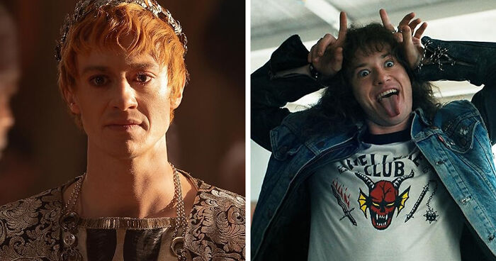 Side-by-side images of the same actor in contrasting royal and casual rockstar roles with distinct looks. - 22