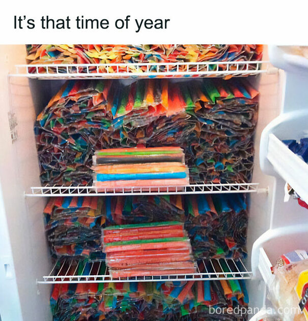 Freezer fully stocked with colorful popsicles symbolizing funny summer memes about enjoying the outdoors.