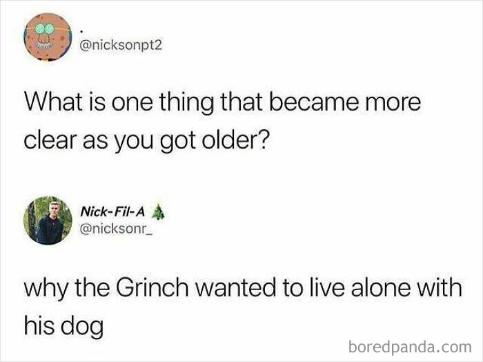 Funny dog meme about understanding why the Grinch preferred living alone with his dog as you get older.