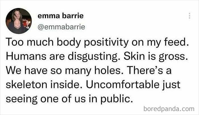 Screenshot of a humorous social media post on body positivity with a sarcastic take, perfect for sharing with your circle of idiots.