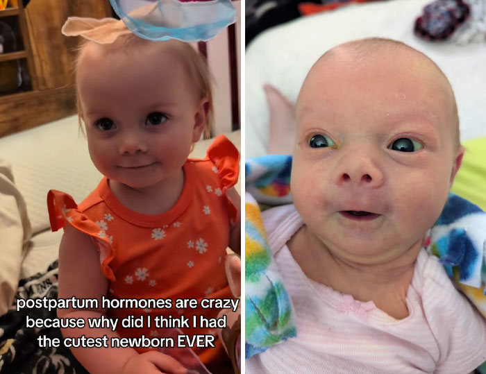 Two newborns pictured side by side illustrating the impact of postpartum hormones on mothers’ perceptions.