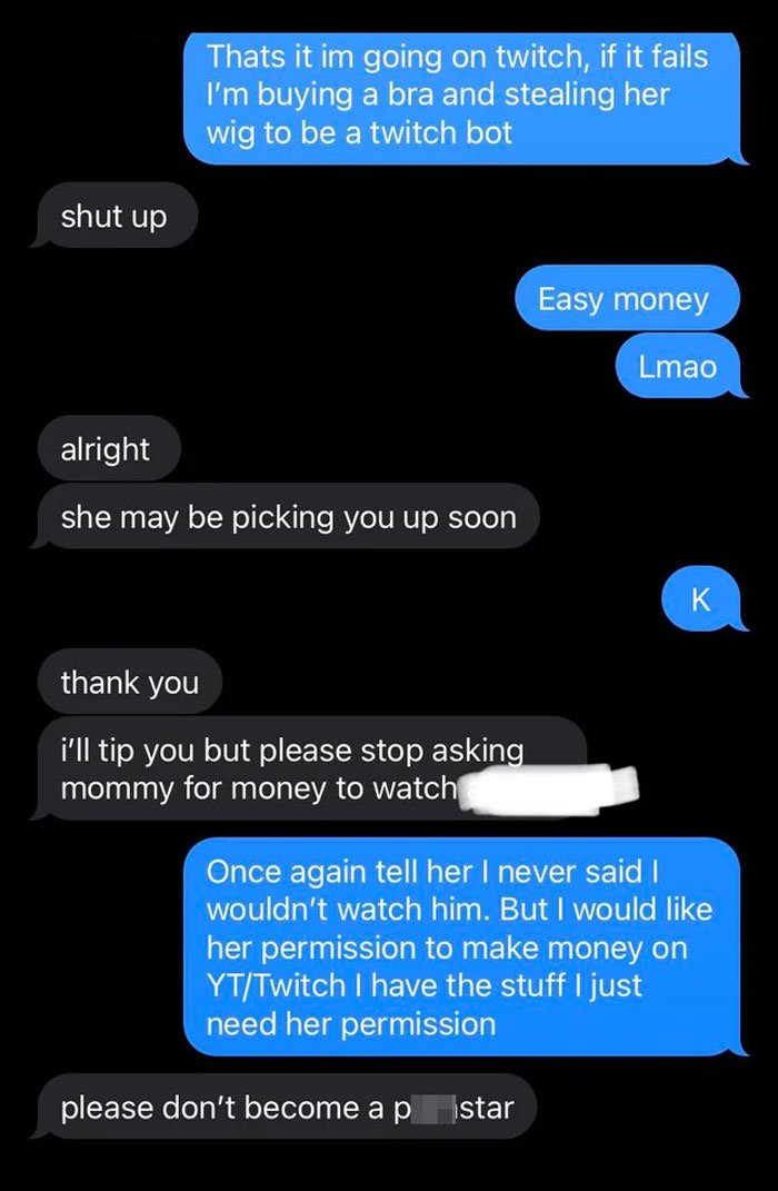 Text message conversation showing a teen negotiating payment for babysitting and asking for permission to stream.
