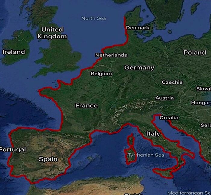 Map of Europe with exaggerated red border outlining countries, illustrating a funny and horrible geography map concept.