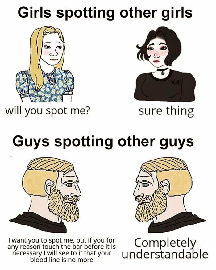Funny gym meme showing contrasting ways girls and guys spot each other, perfect for gym humor and hilarious fitness moments.