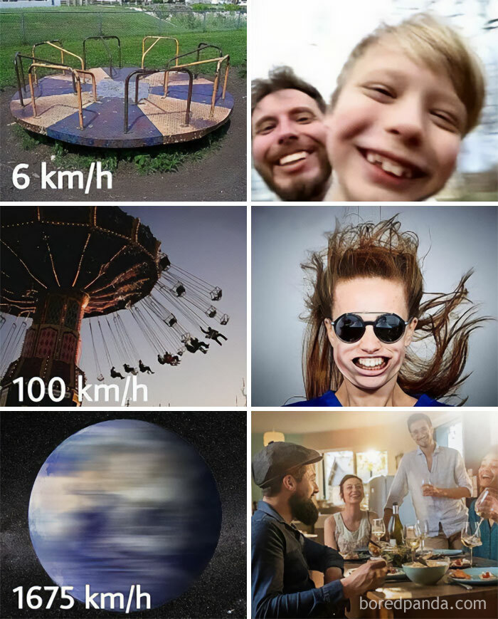 Collage of funny science memes showing speed effects on faces and rotation speeds of playground rides and Earth.